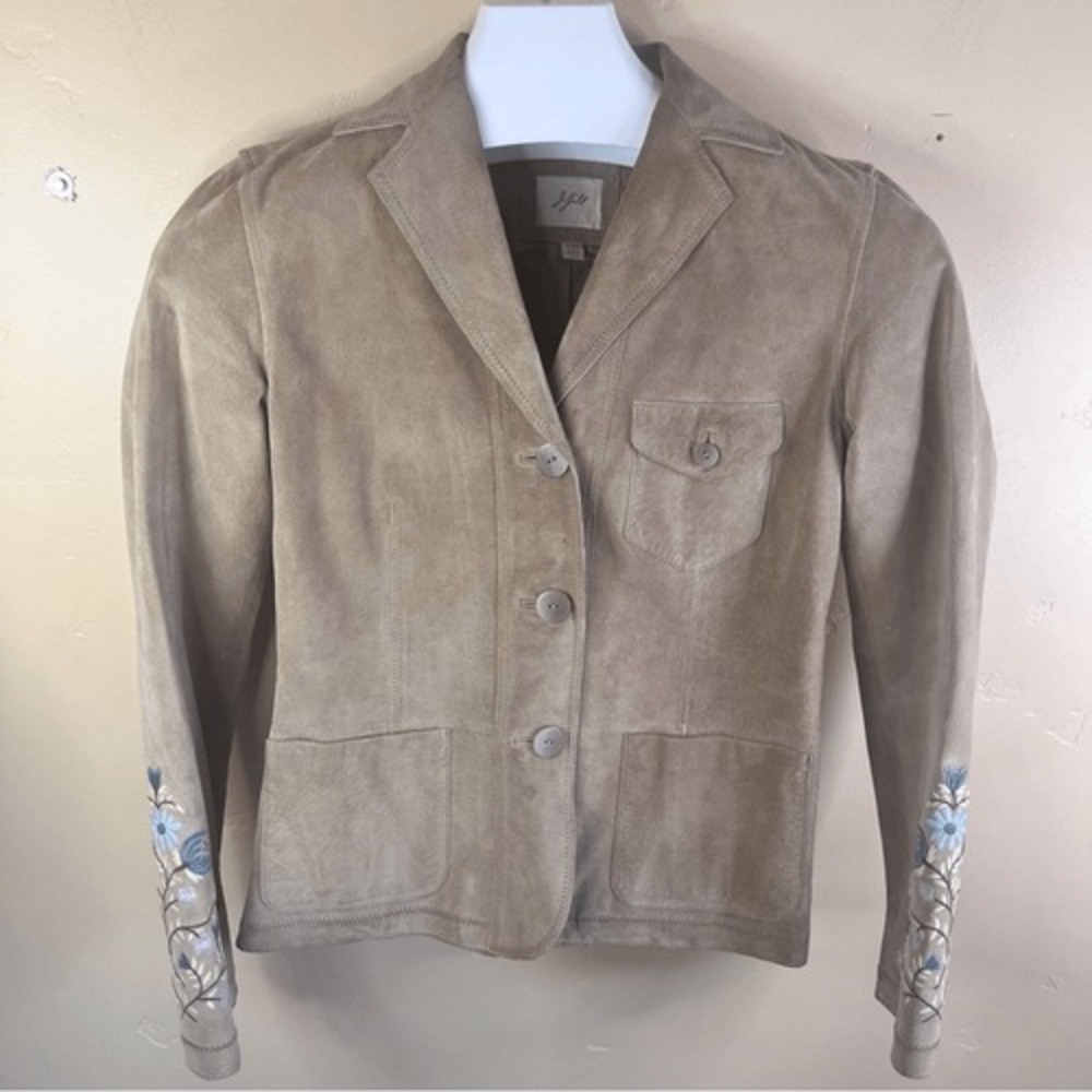 J.Jill Womens Leather/Suede Doe/Tan Embroidered Floral Arms Jacket Size XXS